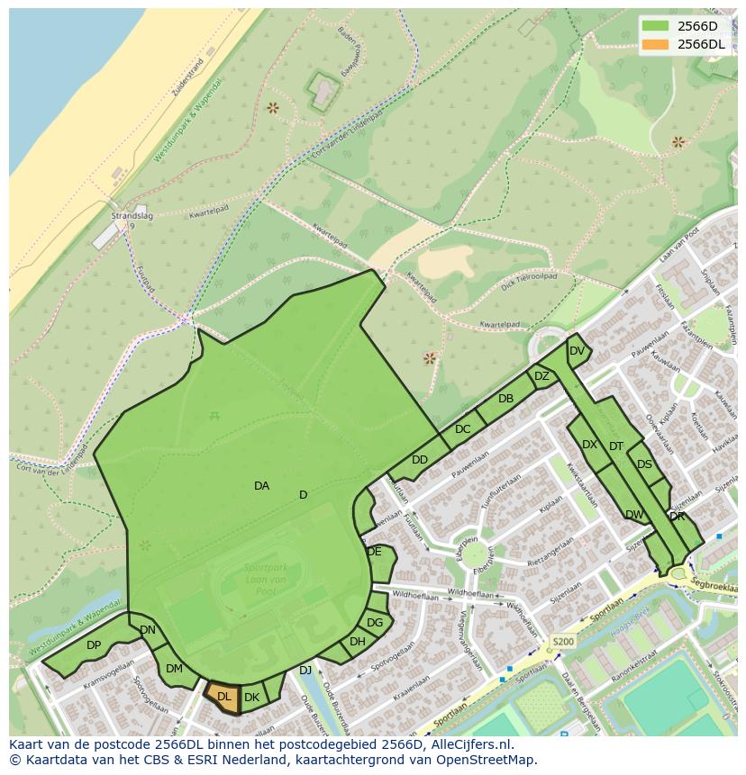 Afbeelding van het postcodegebied 2566 DL op de kaart.