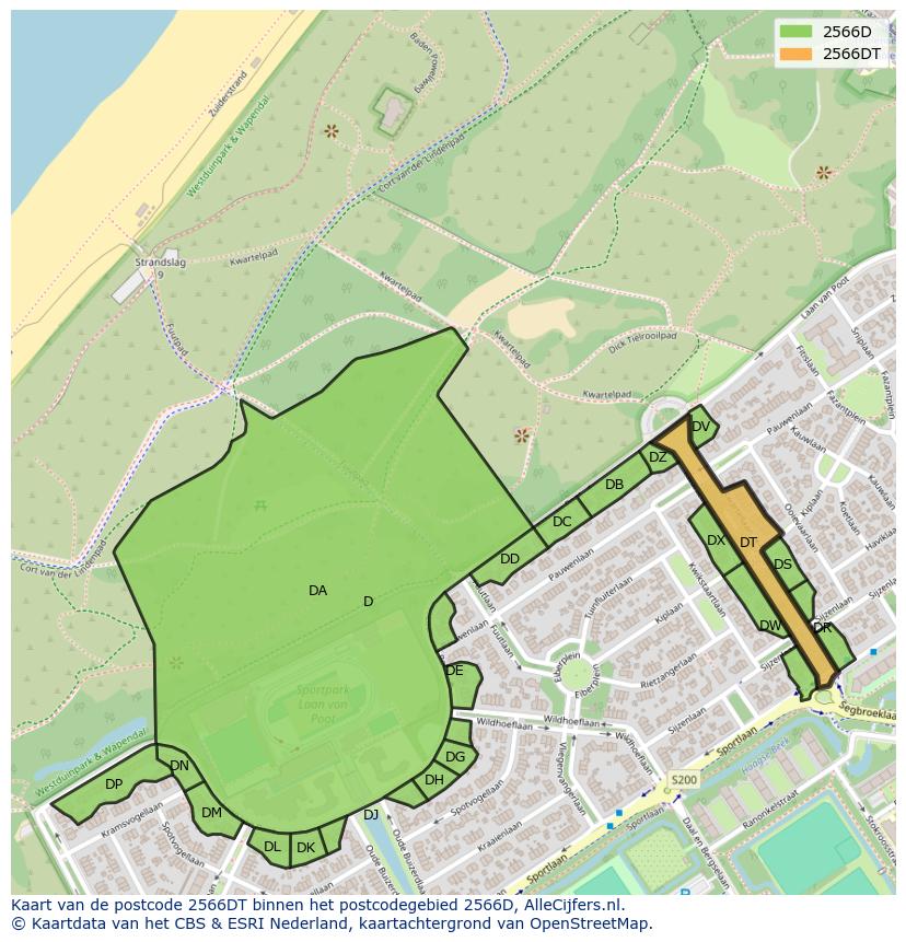 Afbeelding van het postcodegebied 2566 DT op de kaart.