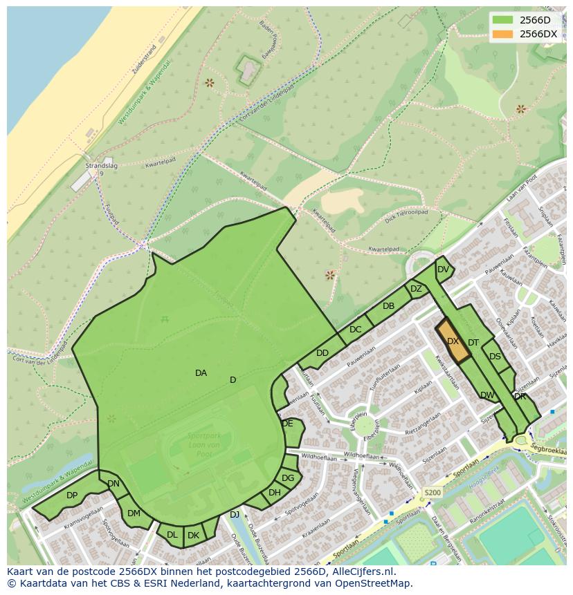 Afbeelding van het postcodegebied 2566 DX op de kaart.