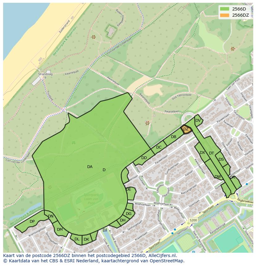 Afbeelding van het postcodegebied 2566 DZ op de kaart.