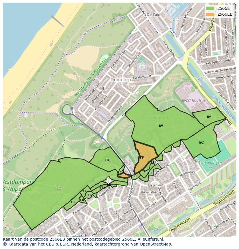 Afbeelding van het postcodegebied 2566 EB op de kaart.