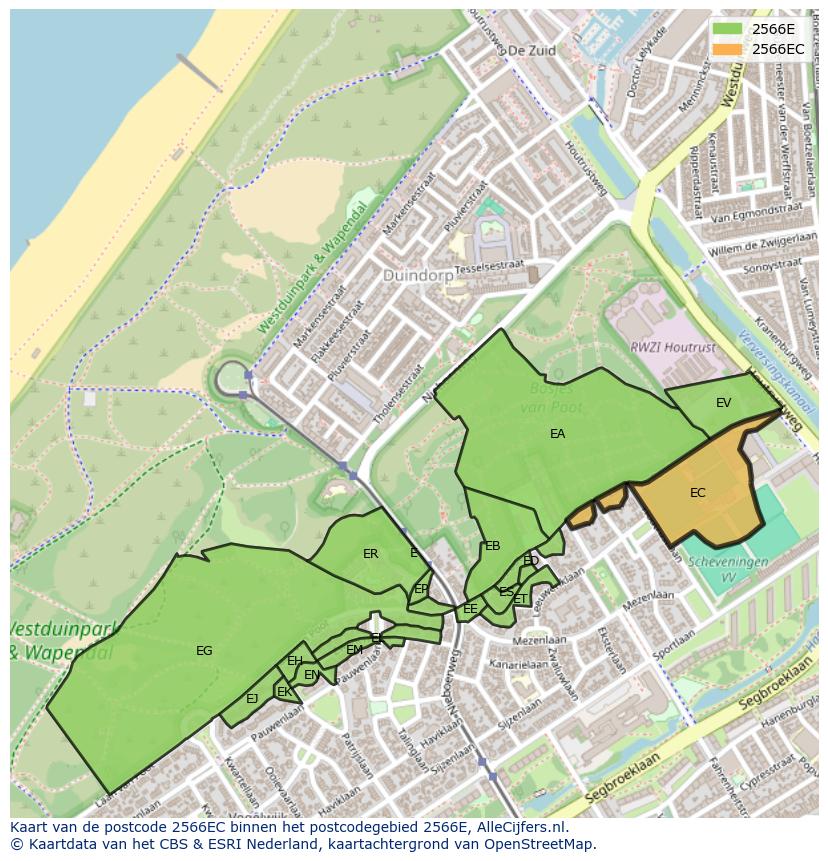 Afbeelding van het postcodegebied 2566 EC op de kaart.