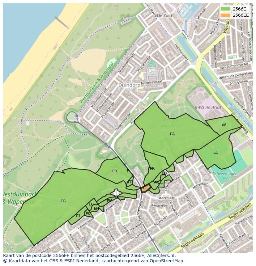 Afbeelding van het postcodegebied 2566 EE op de kaart.