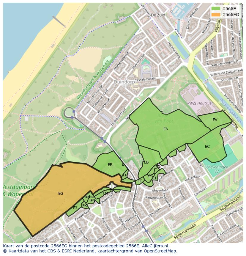 Afbeelding van het postcodegebied 2566 EG op de kaart.