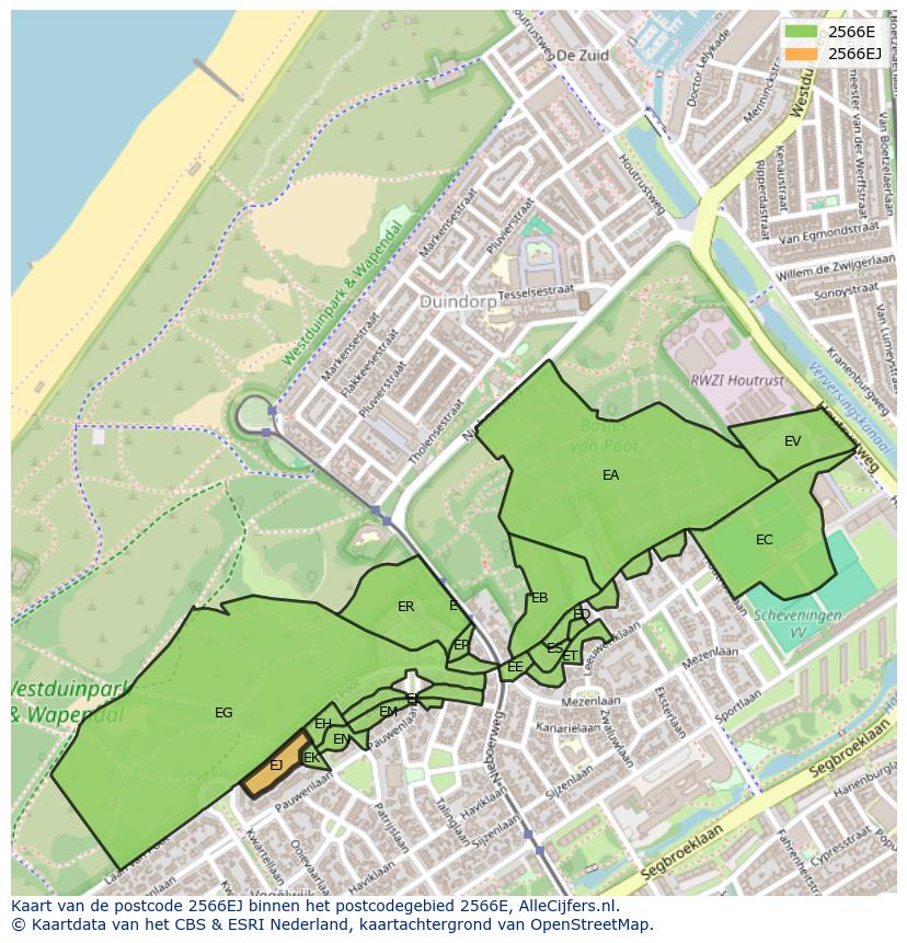 Afbeelding van het postcodegebied 2566 EJ op de kaart.