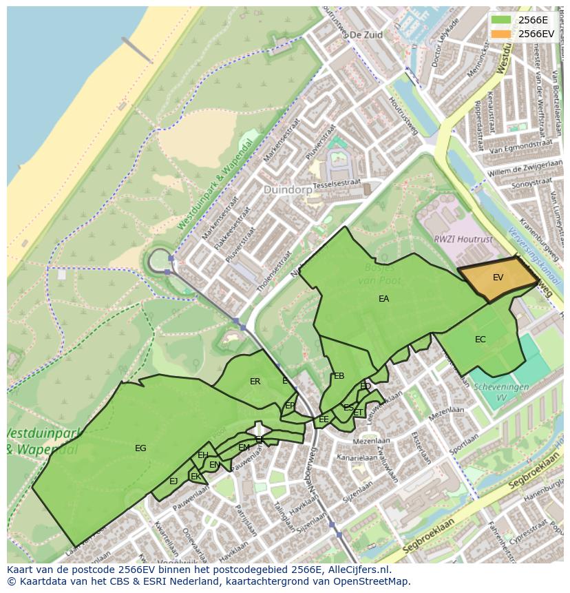 Afbeelding van het postcodegebied 2566 EV op de kaart.