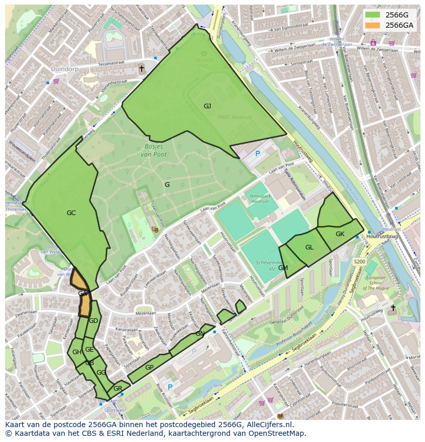 Afbeelding van het postcodegebied 2566 GA op de kaart.