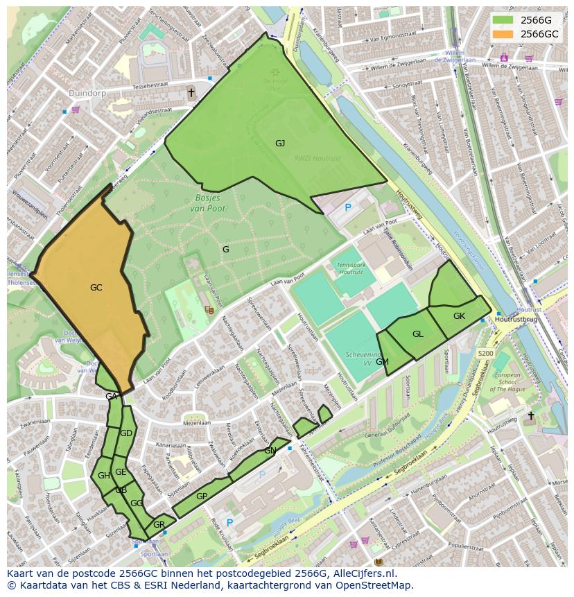 Afbeelding van het postcodegebied 2566 GC op de kaart.