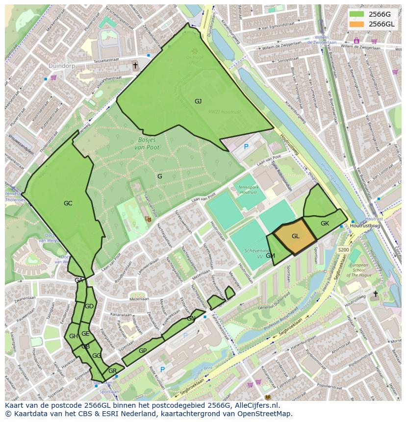 Afbeelding van het postcodegebied 2566 GL op de kaart.