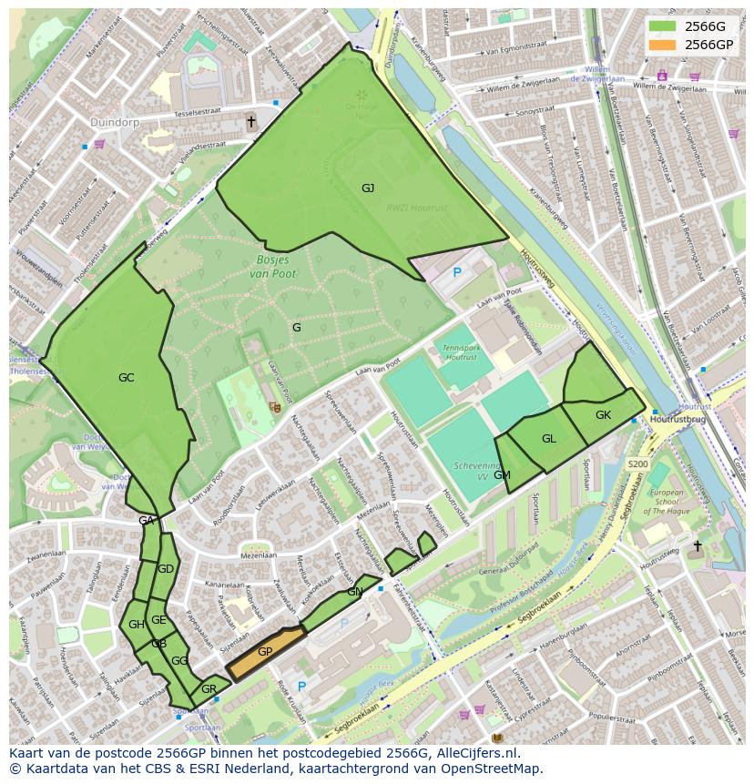 Afbeelding van het postcodegebied 2566 GP op de kaart.