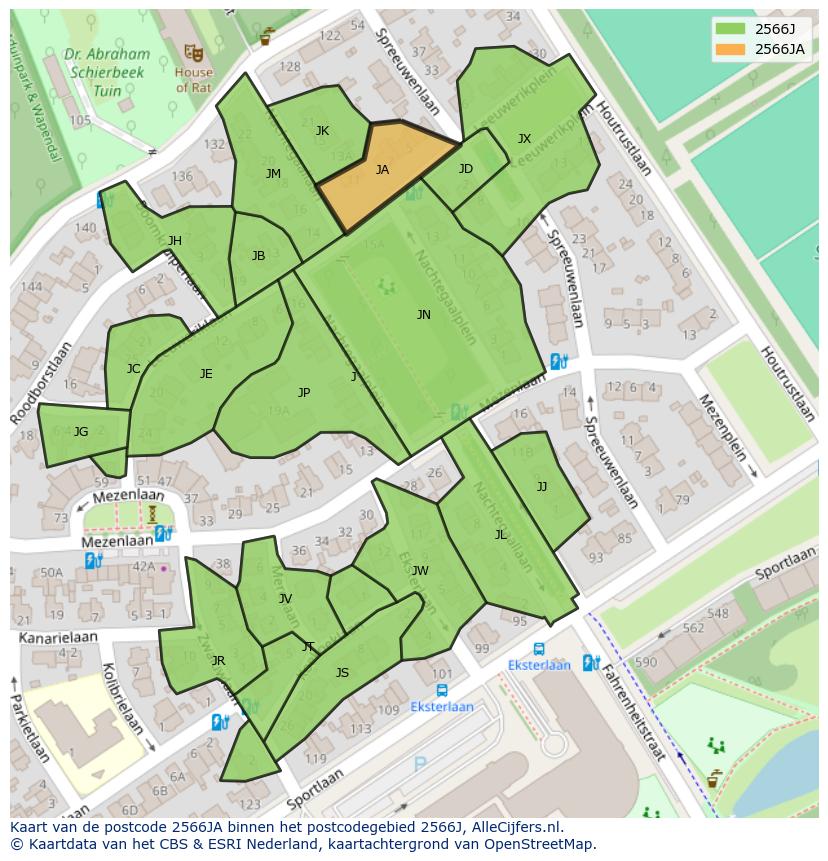 Afbeelding van het postcodegebied 2566 JA op de kaart.