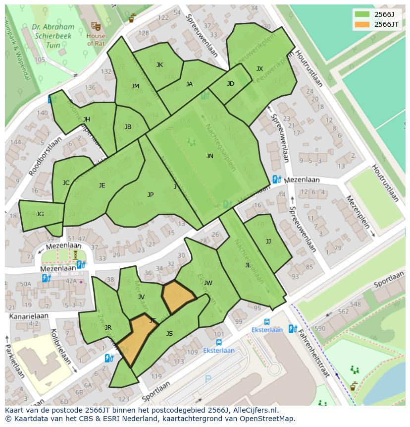 Afbeelding van het postcodegebied 2566 JT op de kaart.