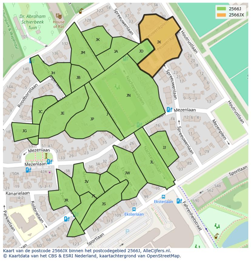 Afbeelding van het postcodegebied 2566 JX op de kaart.