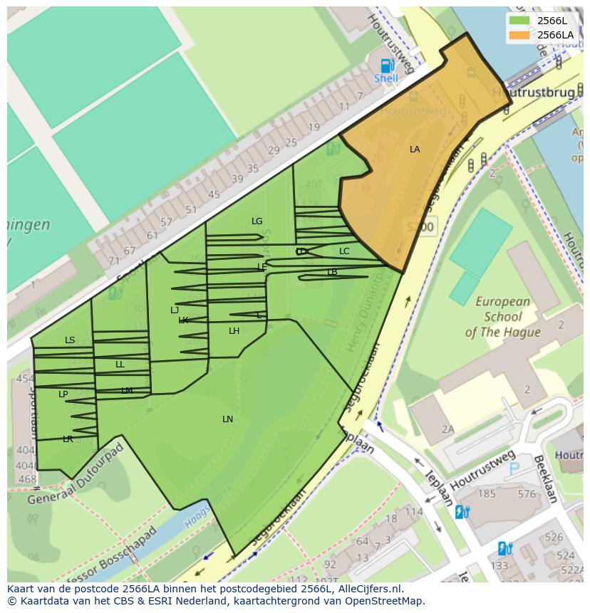 Afbeelding van het postcodegebied 2566 LA op de kaart.
