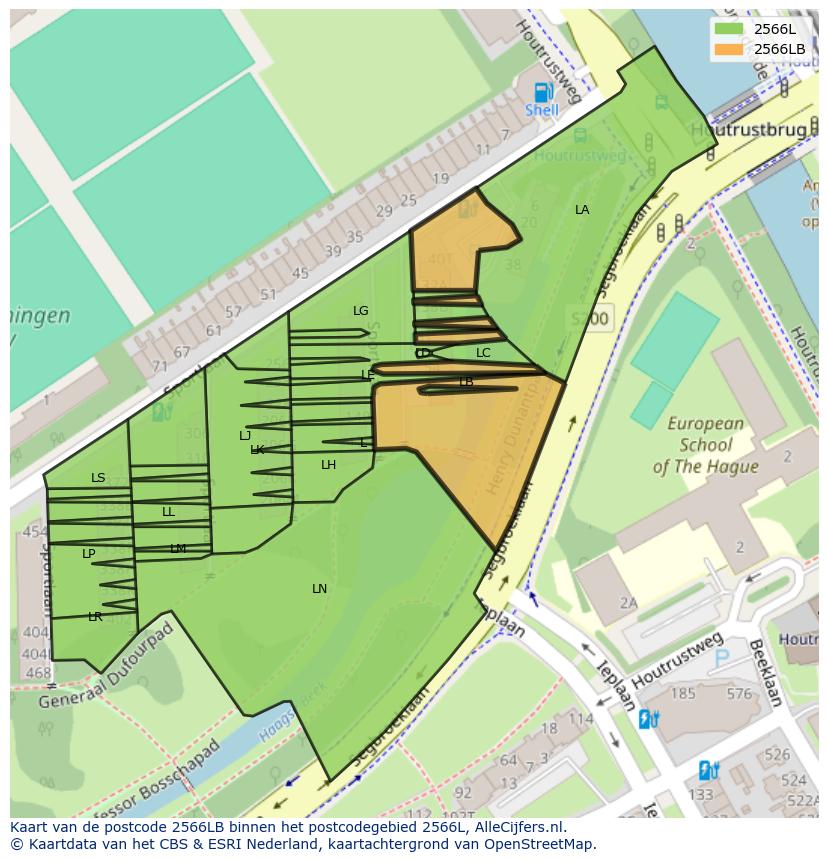 Afbeelding van het postcodegebied 2566 LB op de kaart.