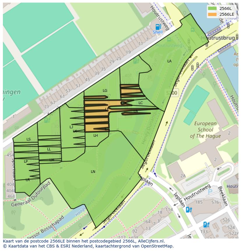 Afbeelding van het postcodegebied 2566 LE op de kaart.