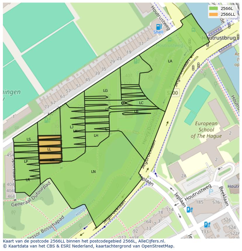 Afbeelding van het postcodegebied 2566 LL op de kaart.