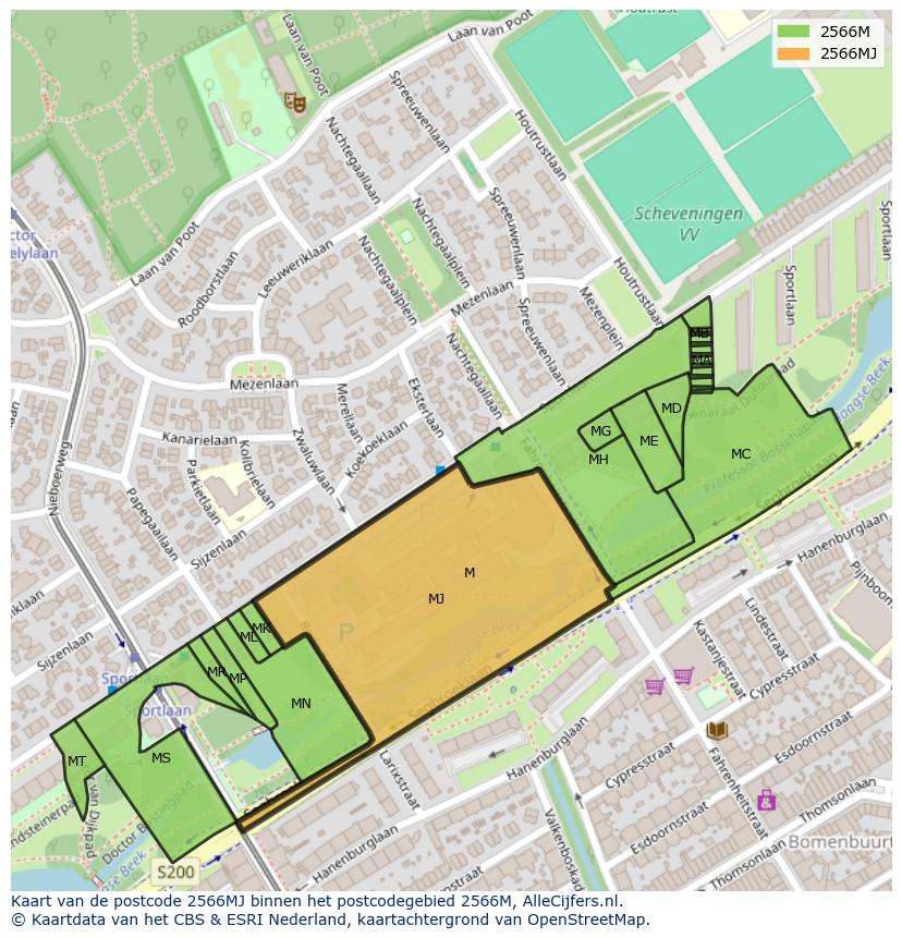 Afbeelding van het postcodegebied 2566 MJ op de kaart.