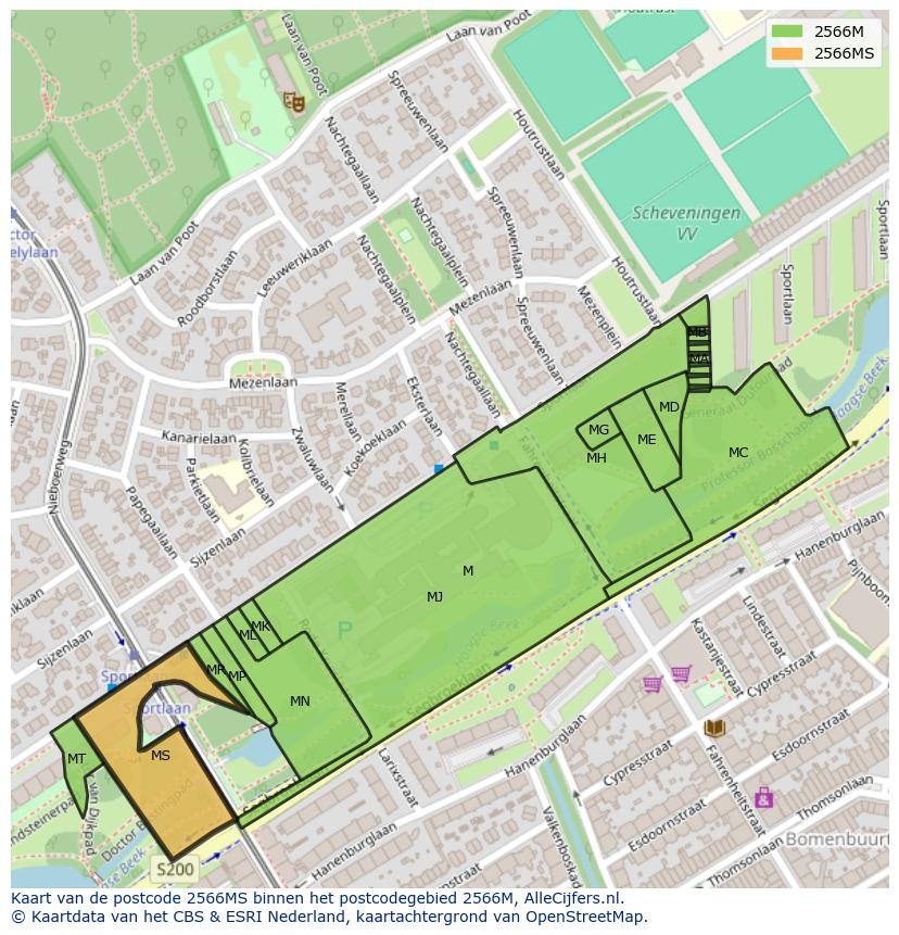 Afbeelding van het postcodegebied 2566 MS op de kaart.