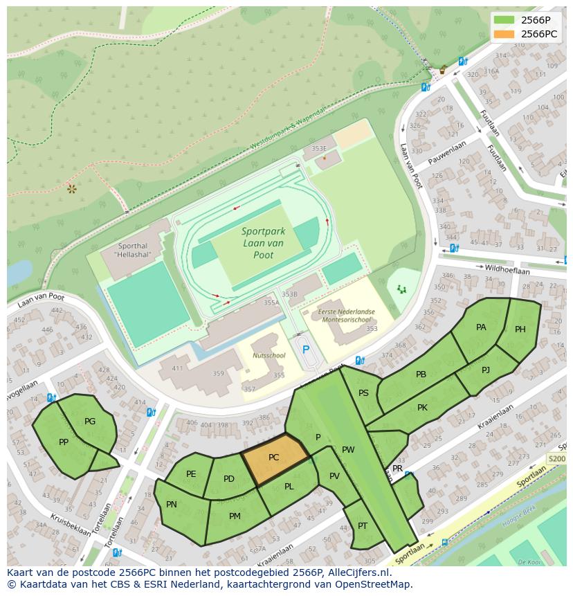 Afbeelding van het postcodegebied 2566 PC op de kaart.