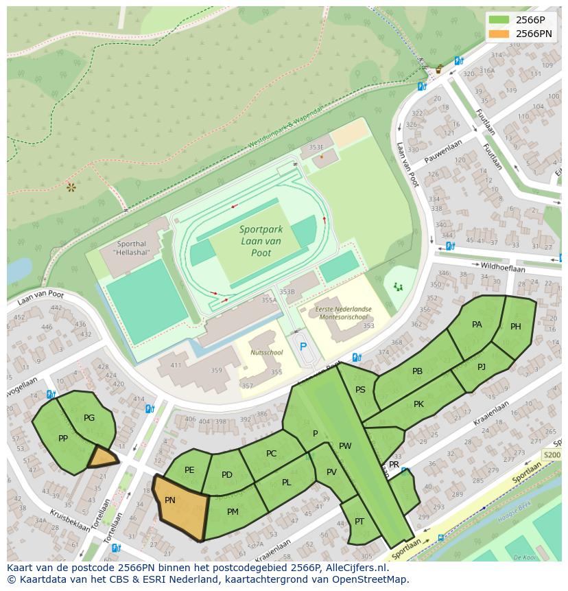 Afbeelding van het postcodegebied 2566 PN op de kaart.