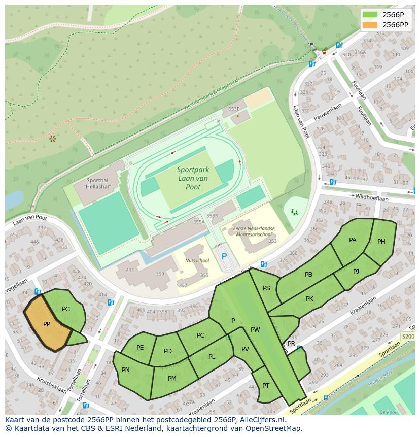 Afbeelding van het postcodegebied 2566 PP op de kaart.