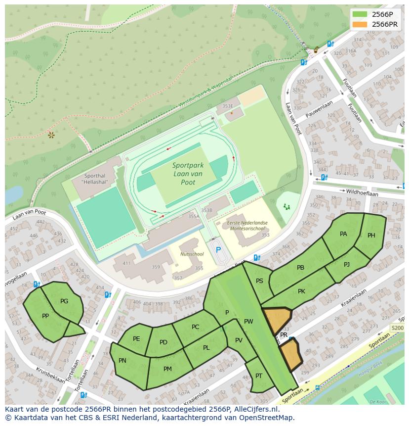 Afbeelding van het postcodegebied 2566 PR op de kaart.