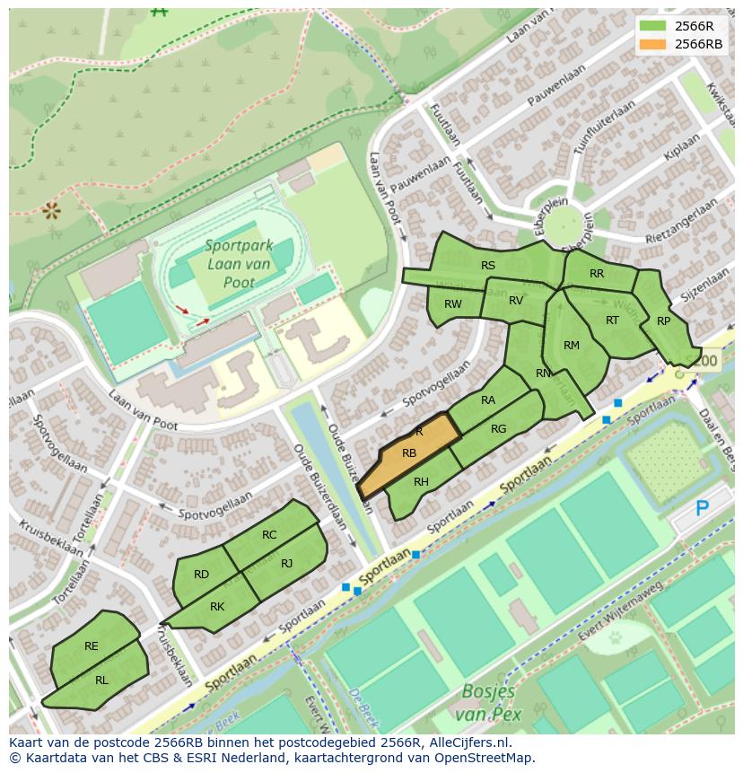 Afbeelding van het postcodegebied 2566 RB op de kaart.