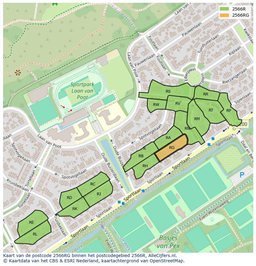 Afbeelding van het postcodegebied 2566 RG op de kaart.