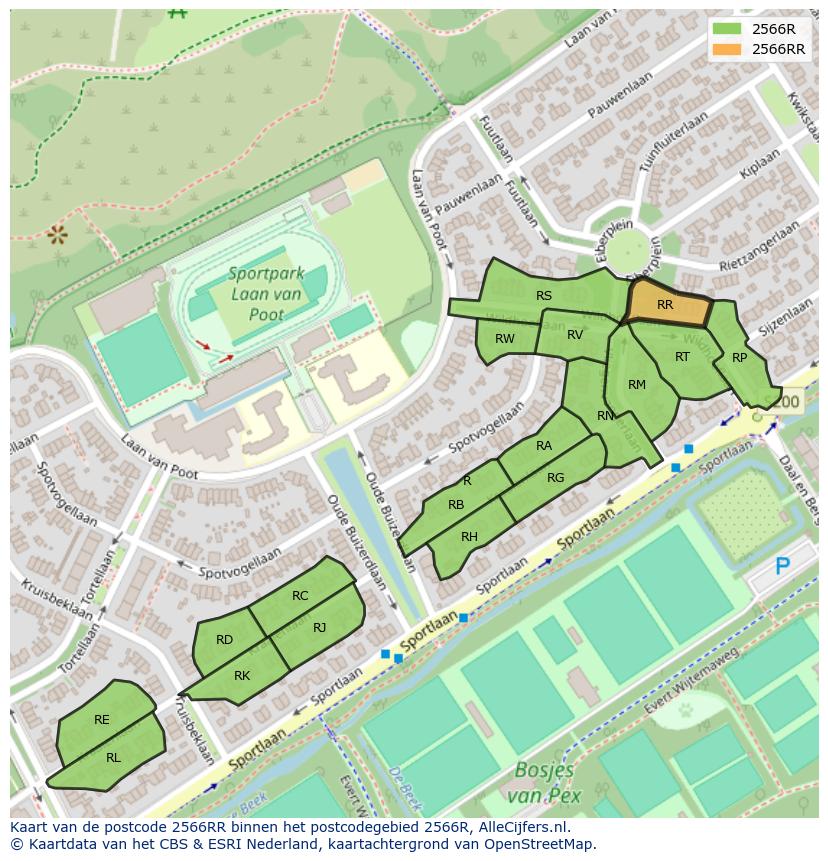 Afbeelding van het postcodegebied 2566 RR op de kaart.