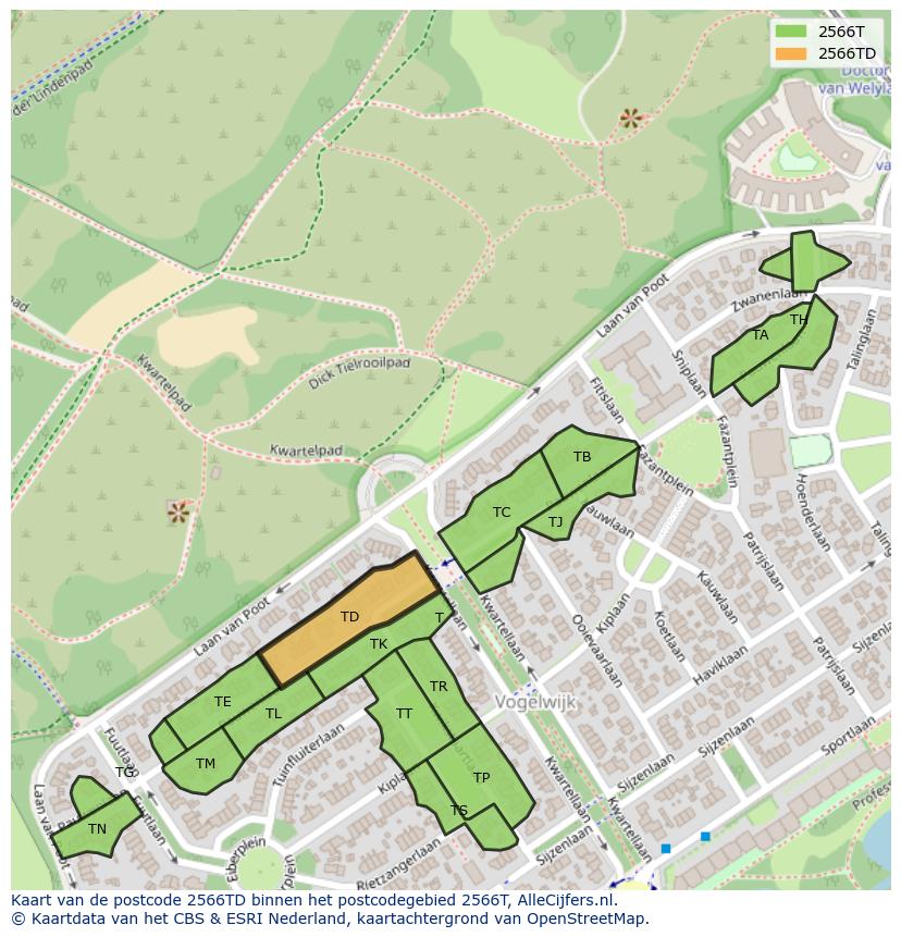 Afbeelding van het postcodegebied 2566 TD op de kaart.