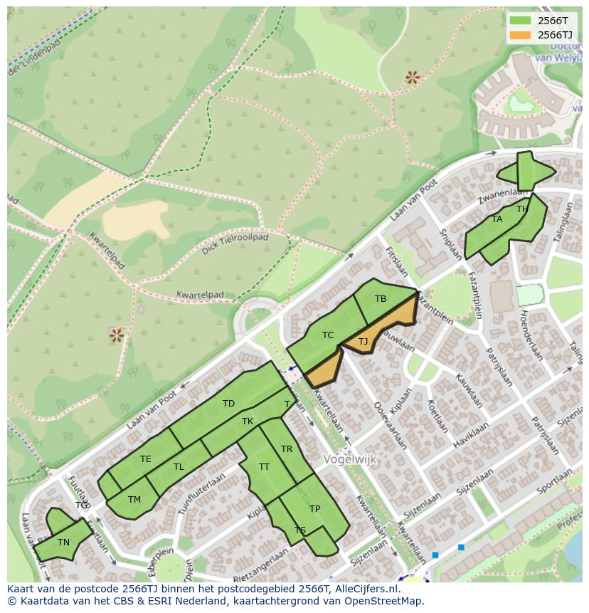 Afbeelding van het postcodegebied 2566 TJ op de kaart.