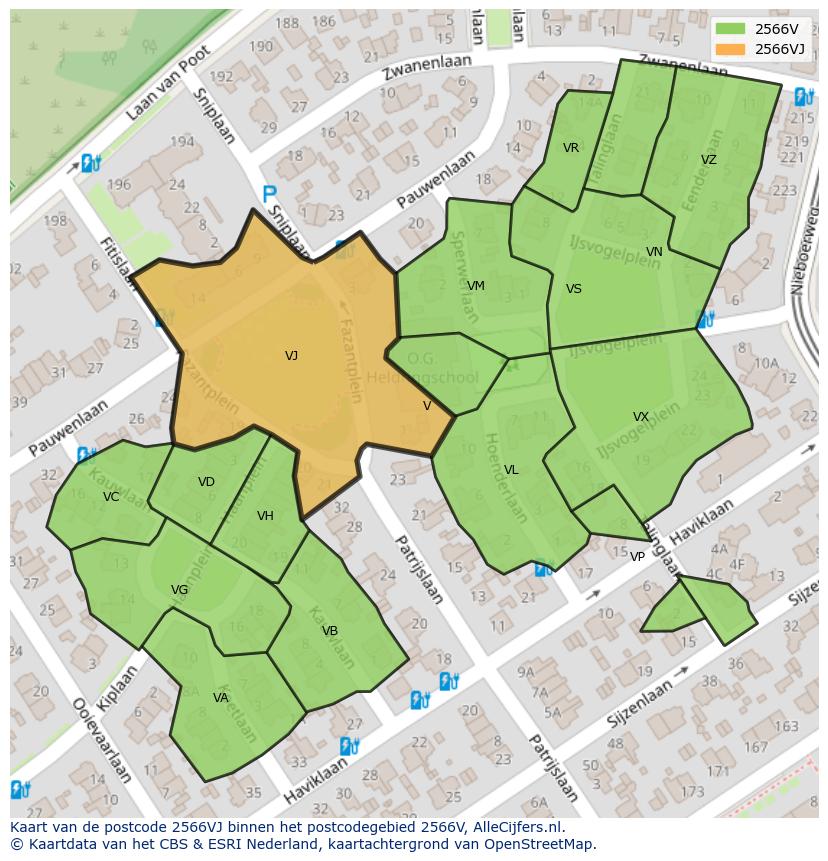 Afbeelding van het postcodegebied 2566 VJ op de kaart.