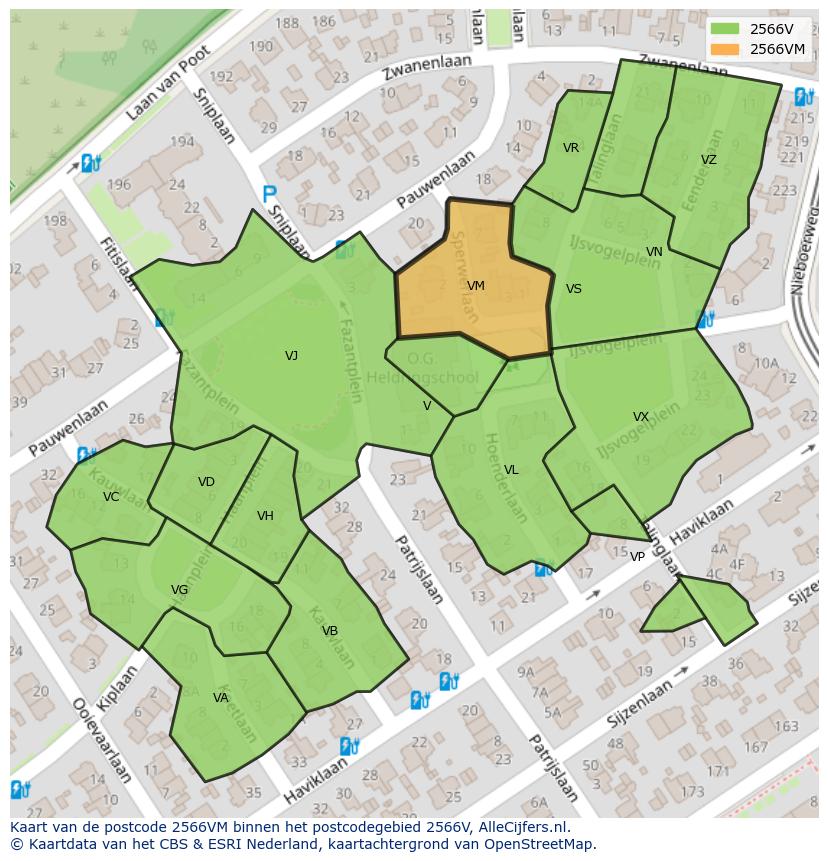 Afbeelding van het postcodegebied 2566 VM op de kaart.