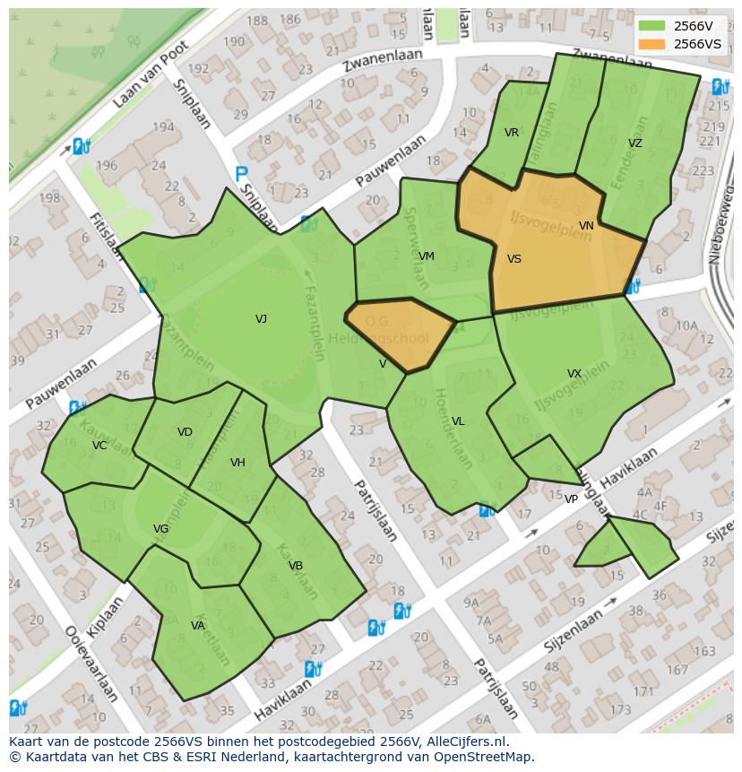 Afbeelding van het postcodegebied 2566 VS op de kaart.