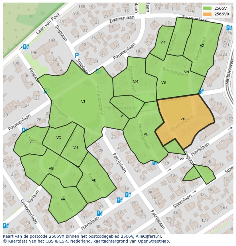 Afbeelding van het postcodegebied 2566 VX op de kaart.