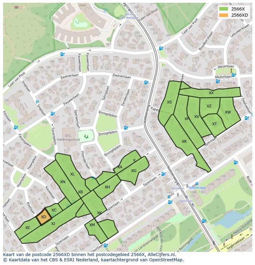 Afbeelding van het postcodegebied 2566 XD op de kaart.