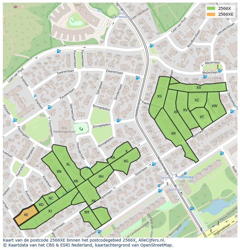 Afbeelding van het postcodegebied 2566 XE op de kaart.