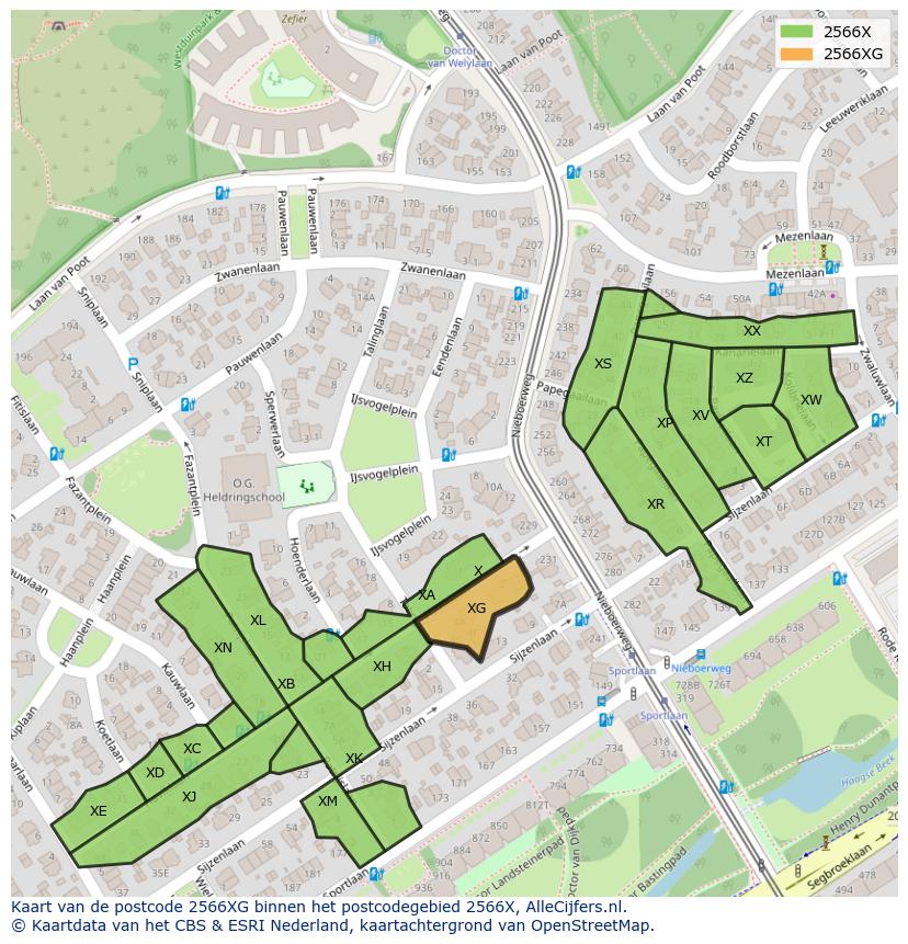 Afbeelding van het postcodegebied 2566 XG op de kaart.