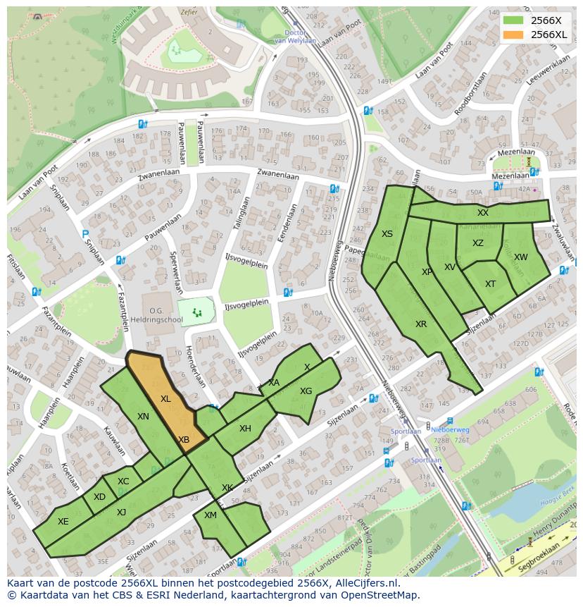 Afbeelding van het postcodegebied 2566 XL op de kaart.