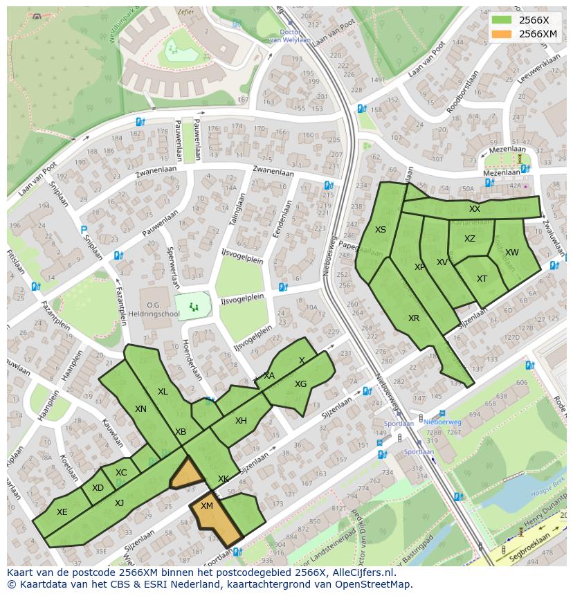 Afbeelding van het postcodegebied 2566 XM op de kaart.