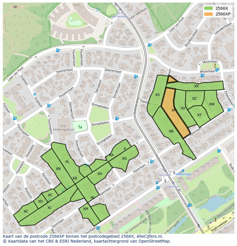 Afbeelding van het postcodegebied 2566 XP op de kaart.