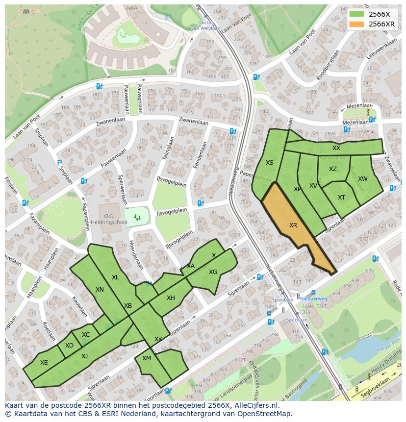 Afbeelding van het postcodegebied 2566 XR op de kaart.
