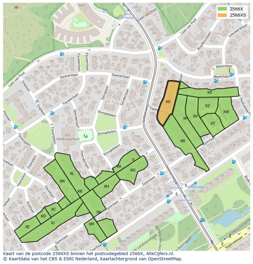 Afbeelding van het postcodegebied 2566 XS op de kaart.
