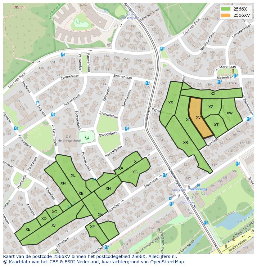 Afbeelding van het postcodegebied 2566 XV op de kaart.