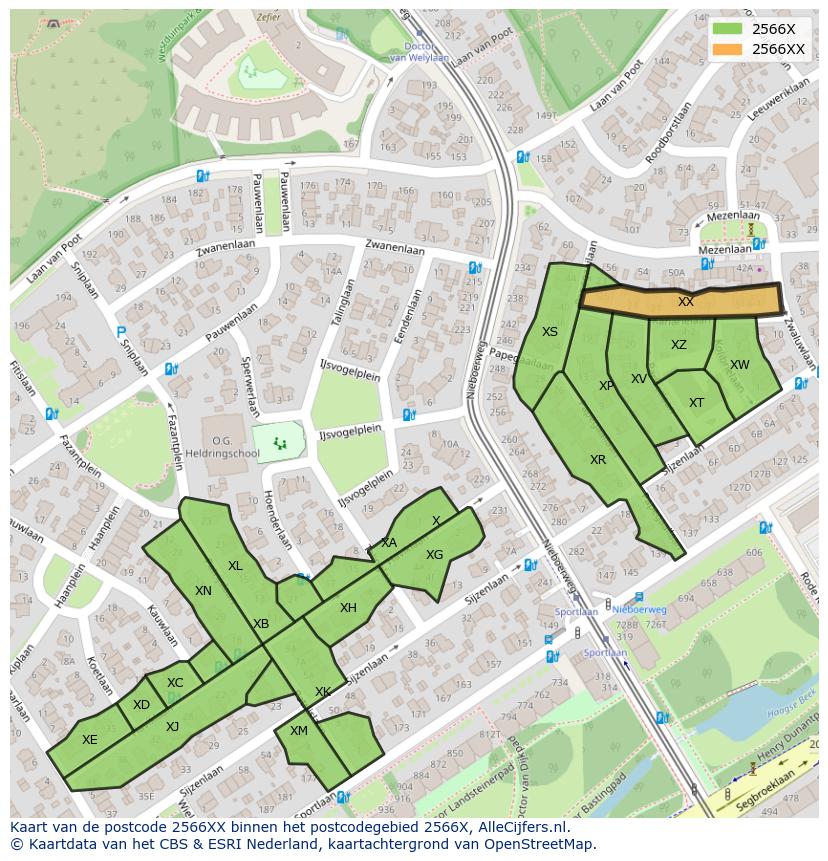 Afbeelding van het postcodegebied 2566 XX op de kaart.