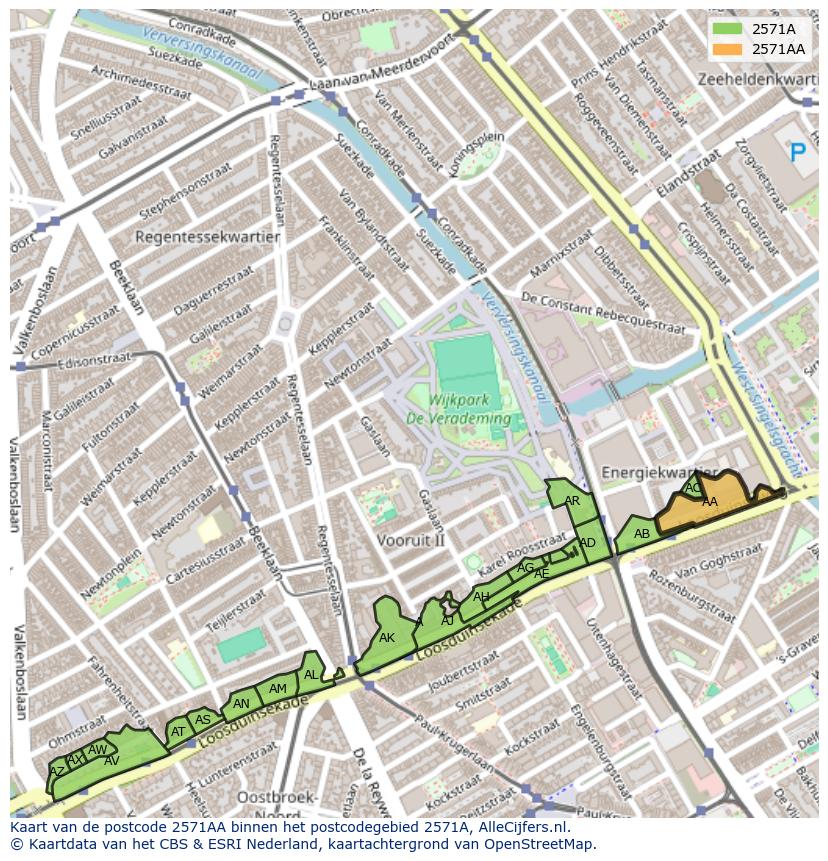 Afbeelding van het postcodegebied 2571 AA op de kaart.