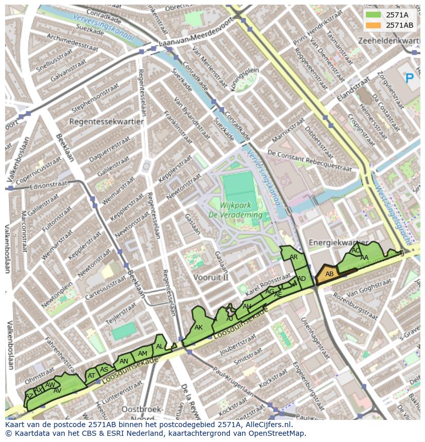 Afbeelding van het postcodegebied 2571 AB op de kaart.