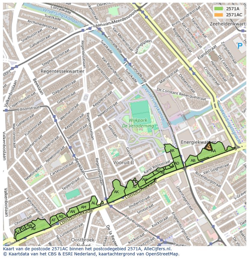 Afbeelding van het postcodegebied 2571 AC op de kaart.