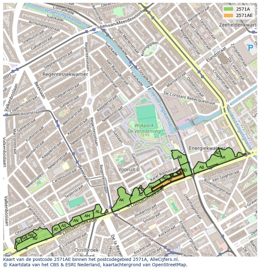 Afbeelding van het postcodegebied 2571 AE op de kaart.